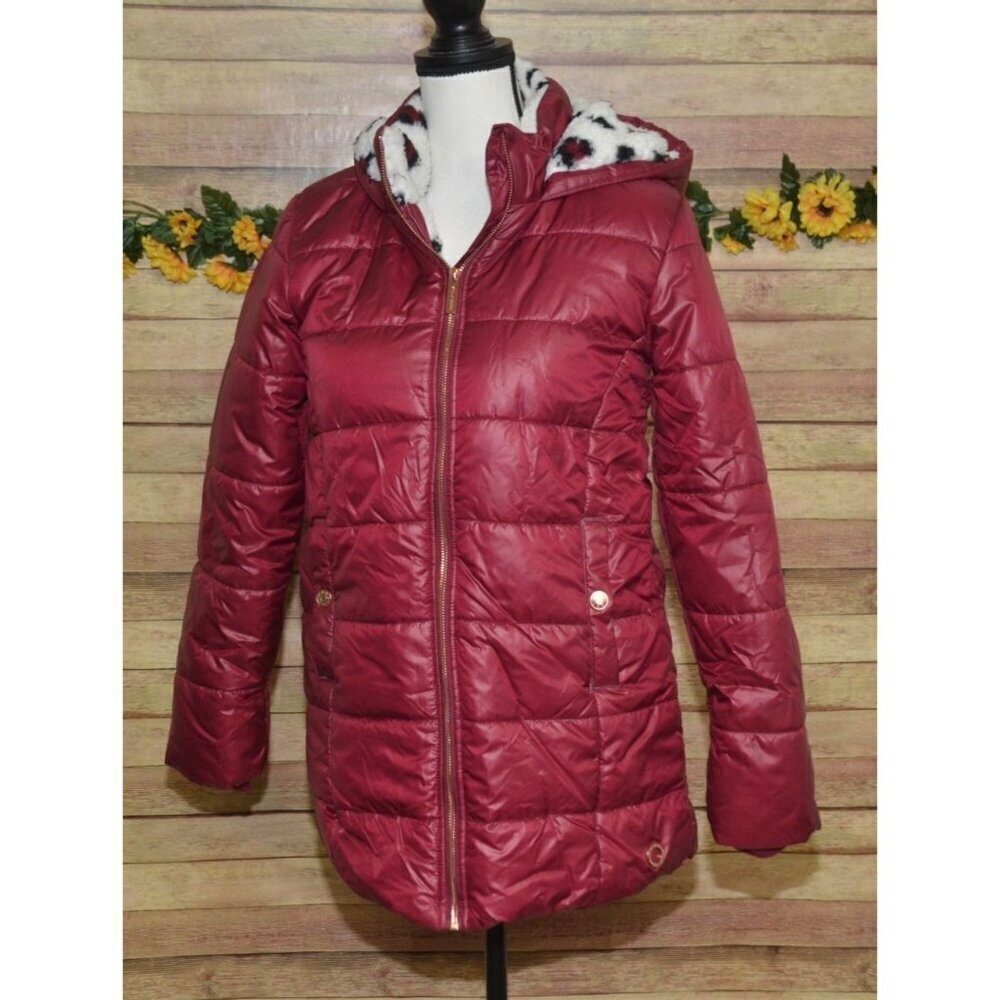 BCBG Girls XL Burgundy & Leopard Rose Gold Long Puffer Jacket Red Hooded Warm